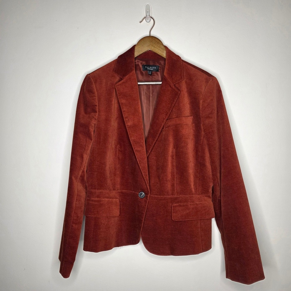 Talbots Blazer Women 14 Rust Orange Velvet Corduroy One Button Professional Fall - Picture 2 of 10